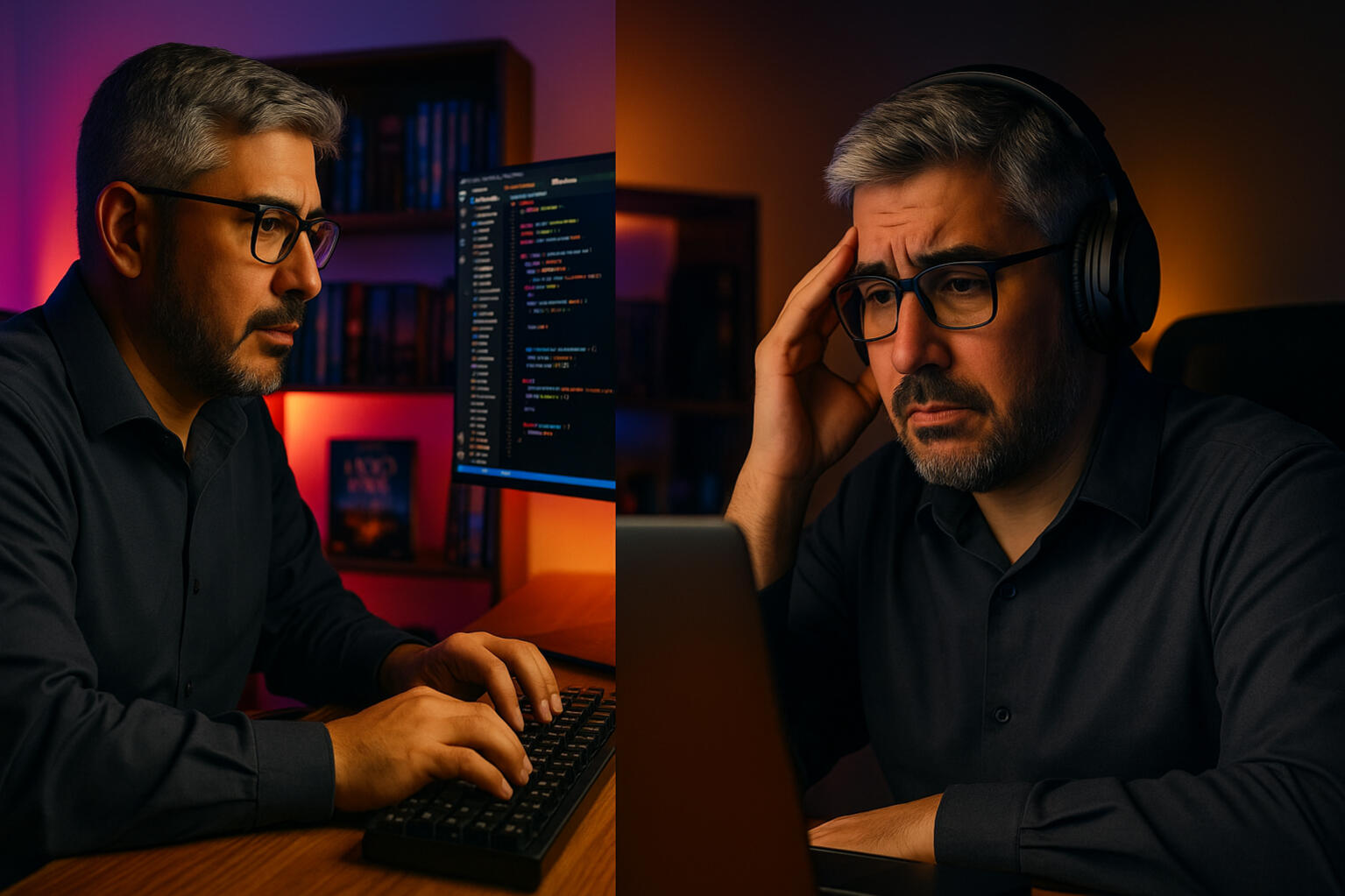 Teacher Alex frustrado con audífonos frente a la laptop, simbolizando la dificultad de entender inglés en contextos reales de trabajo como reuniones o debugging.