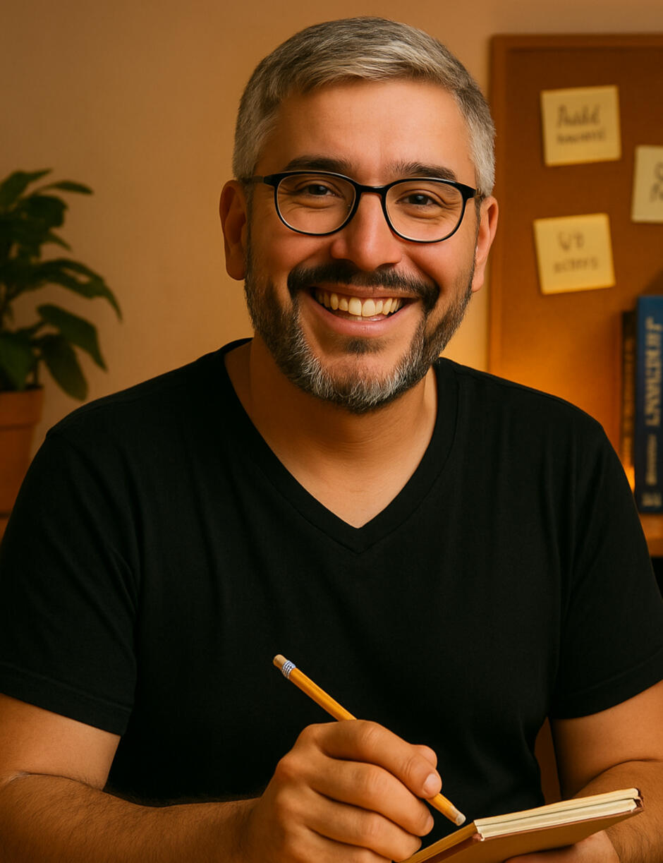 Alex Carrillo tomando notas en su libreta, desarrollando un método de inglés enfocado en developers